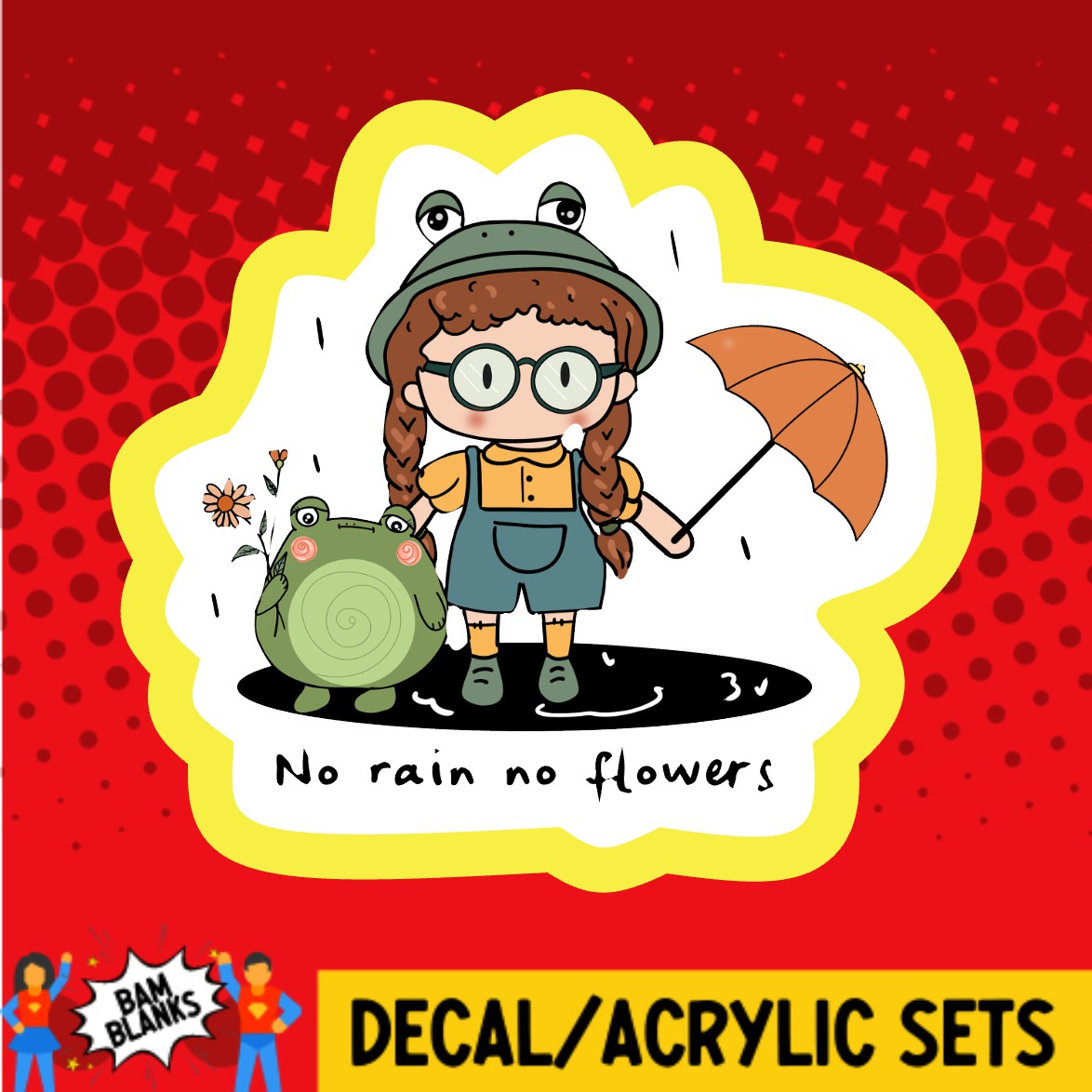 No Rain No Flowers Frog and Girl - DECAL AND ACRYLIC SHAPE #DA03684