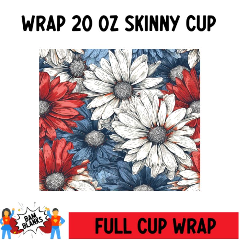 Red White and Blue Flowers - 20 oz Skinny Cup Wrap - CW0094