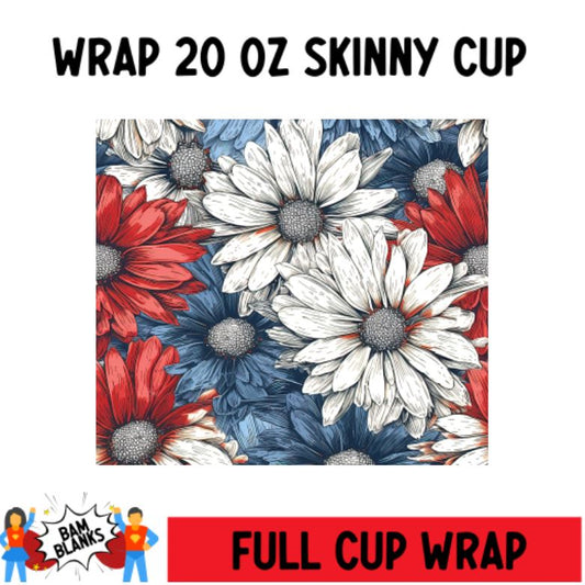 Red White and Blue Flowers - 20 oz Skinny Cup Wrap - CW0094