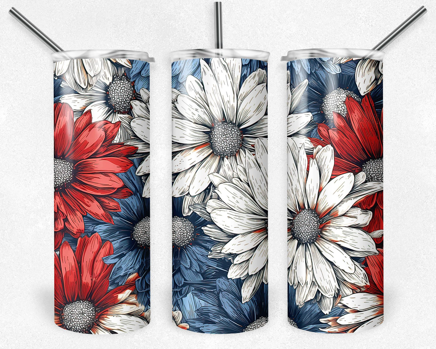 Red White and Blue Flowers - 20 oz Skinny Cup Wrap - CW0094