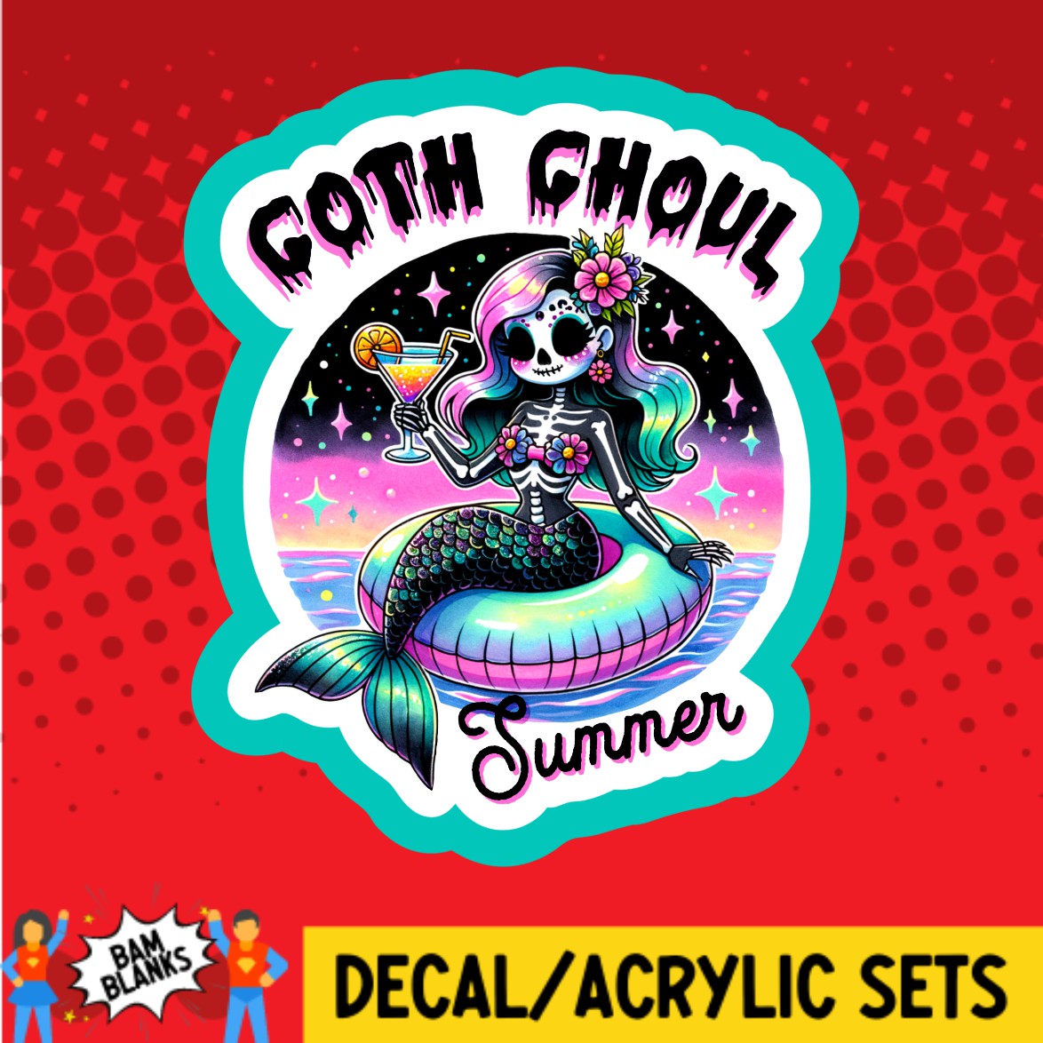 Goth Ghoul Summer Sugarskull Mermaid - DECAL AND ACRYLIC SHAPE #DA03190