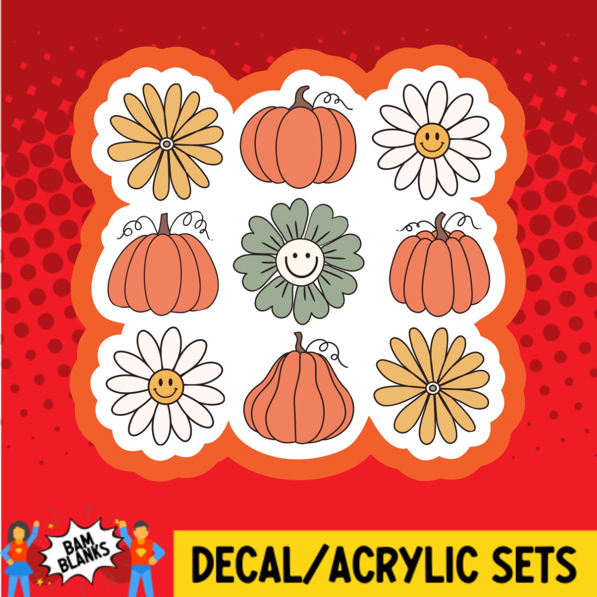 Groovy Fall Flowers and Pumpkins Collage - DECAL AND ACRYLIC SHAPE #DA03363