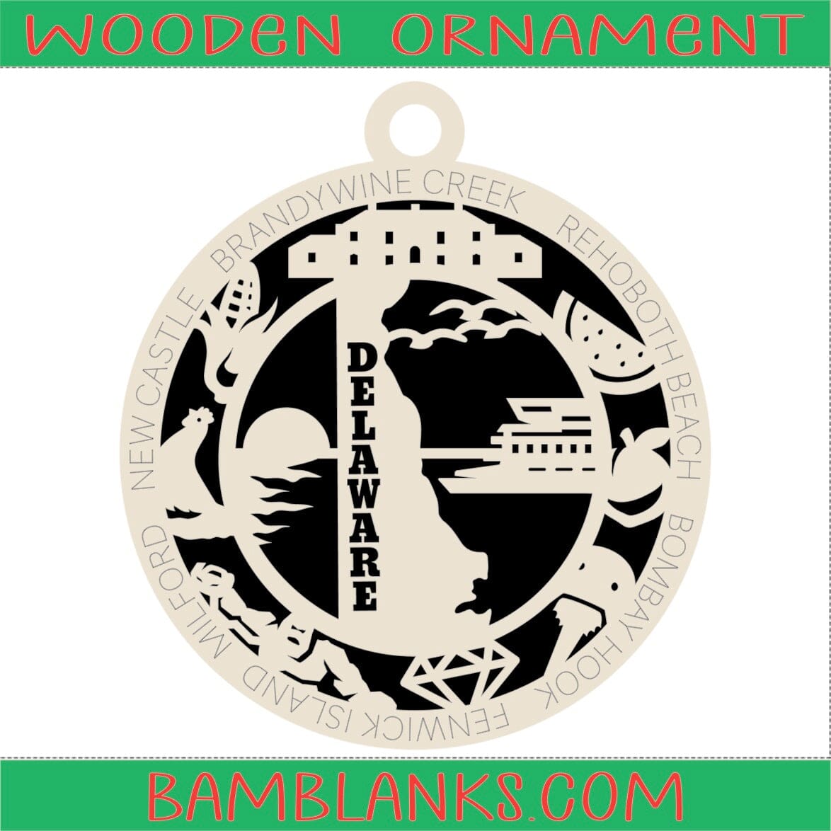 Delaware - Wood Ornament #W059