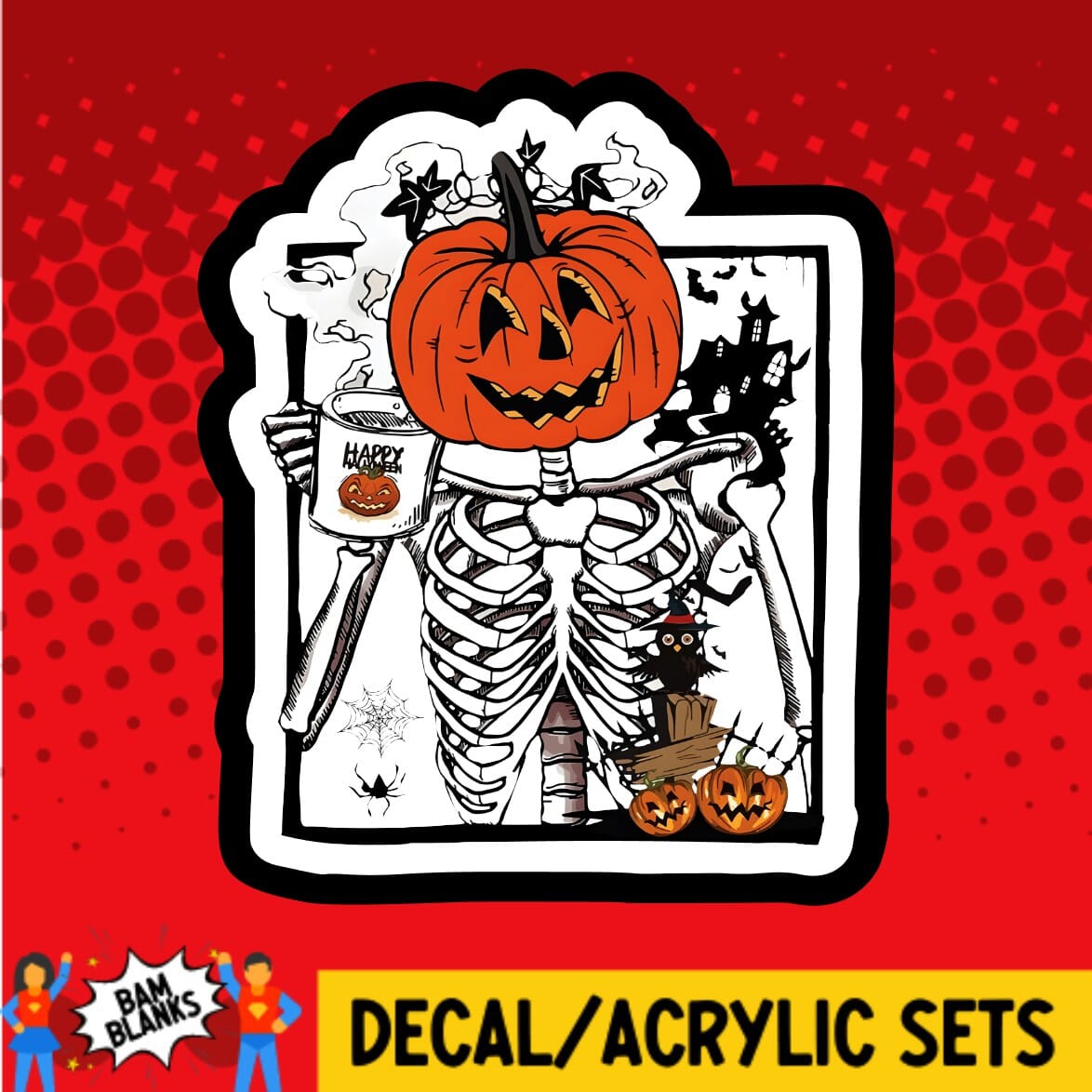 Halloween Jack O Lantern Skeleton with Coffee - DECAL AND ACRYLIC SHAPE #DA01400