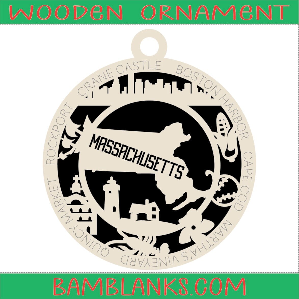 Massachusetts - Wood Ornament #W072