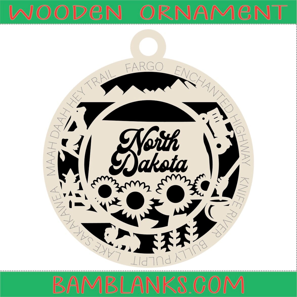 North Dakota - Wood Ornament #W085