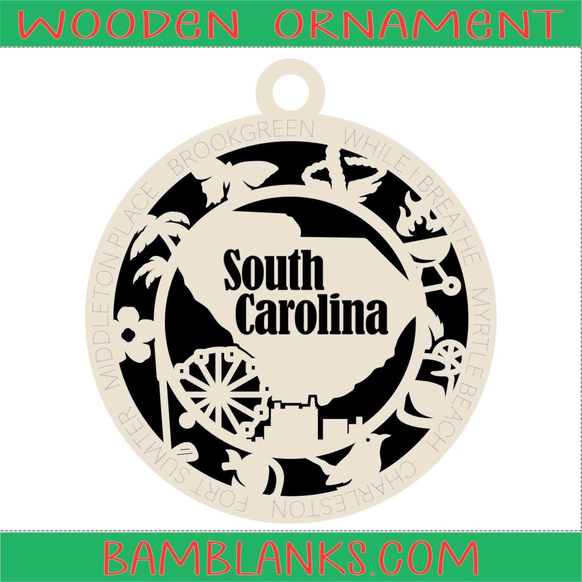 South Carolina - Wood Ornament #W091