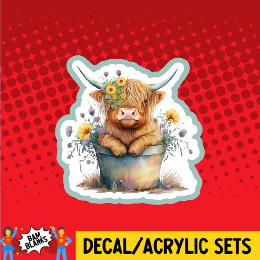 Spring Highland Cow in a Flowerpot - DECAL AND ACRYLIC SHAPE #DA0130