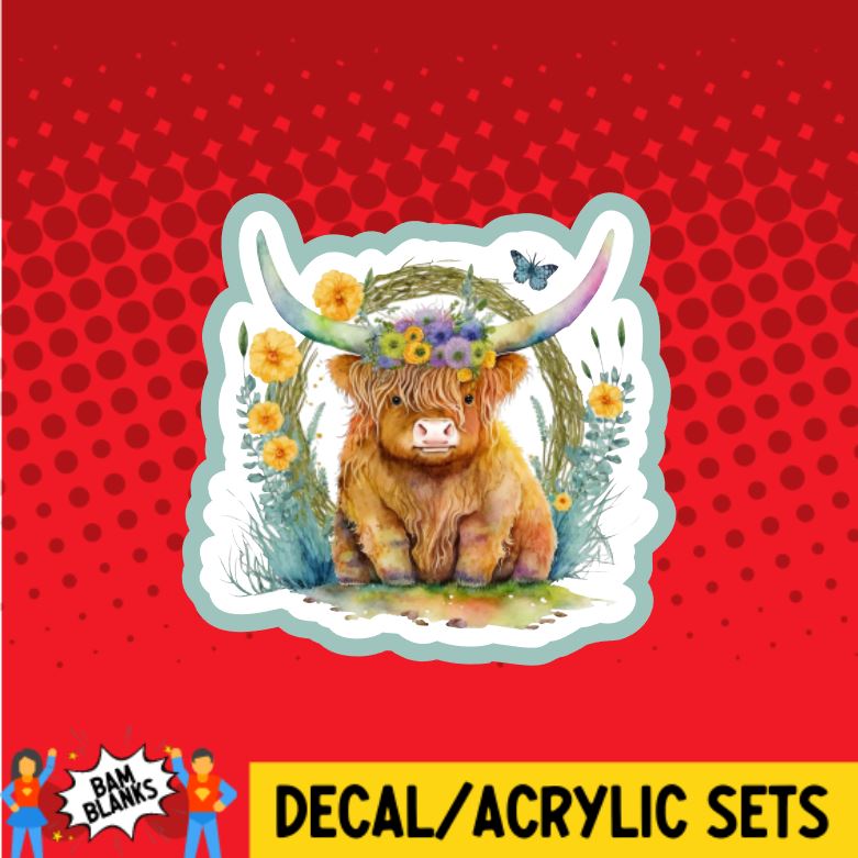 Spring Highland Cow with Wreath - DECAL AND ACRYLIC SHAPE #DA0131