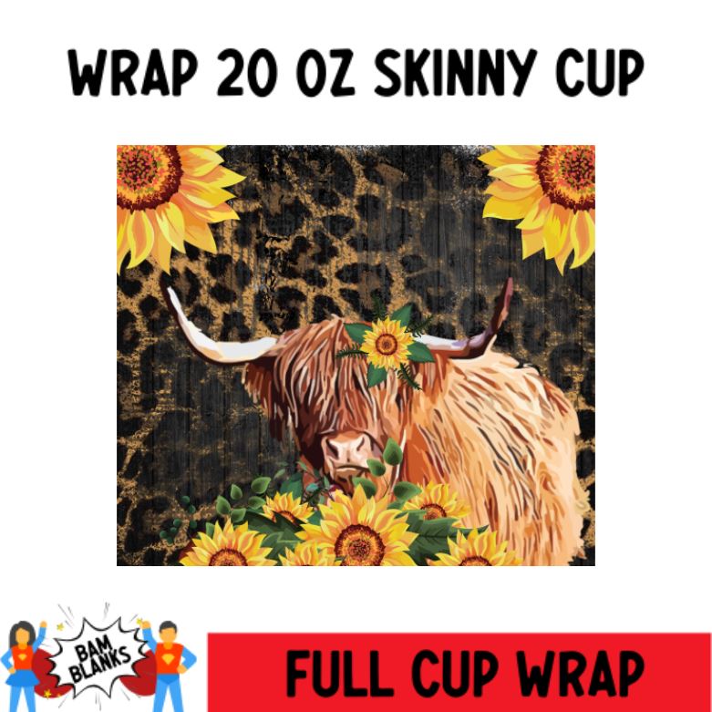 Sunflower Cheetah Highland Cow - 20 oz Skinny Cup Wrap - CW0006